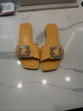 Stuart Weitzman Yellow Crystal-Buckle Slide Mules